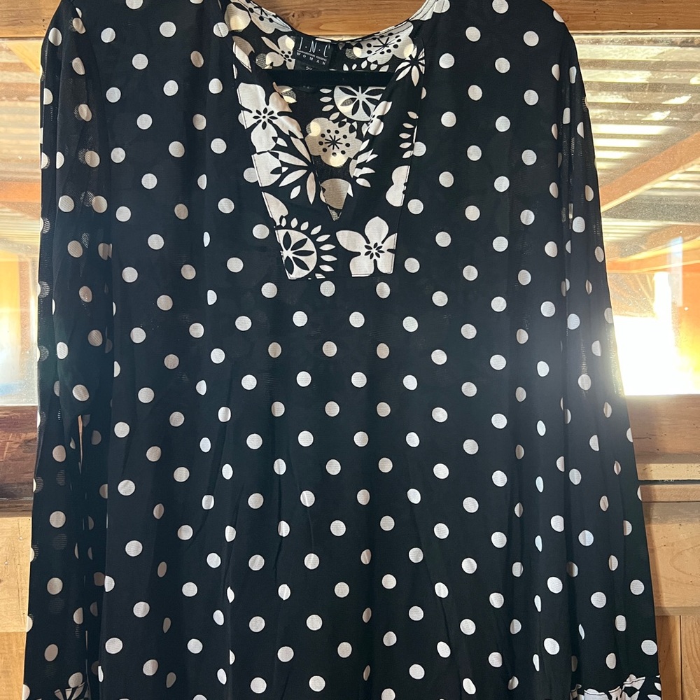 INC International Concepts Black and White Floral and Polk-a-Dot Blouse